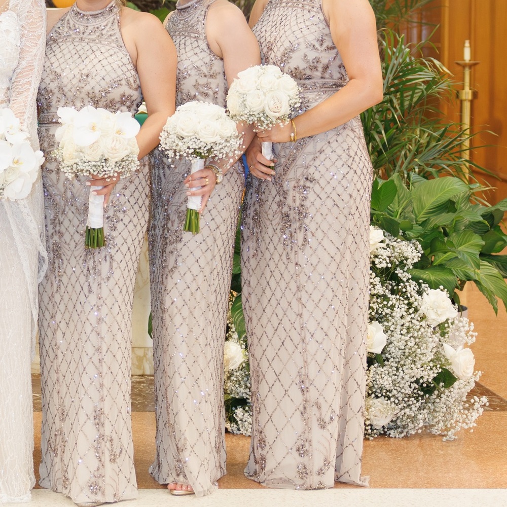 MOCK NECK BEADED COLUMN DRESS WITH T-BACK IN BISCOTTI